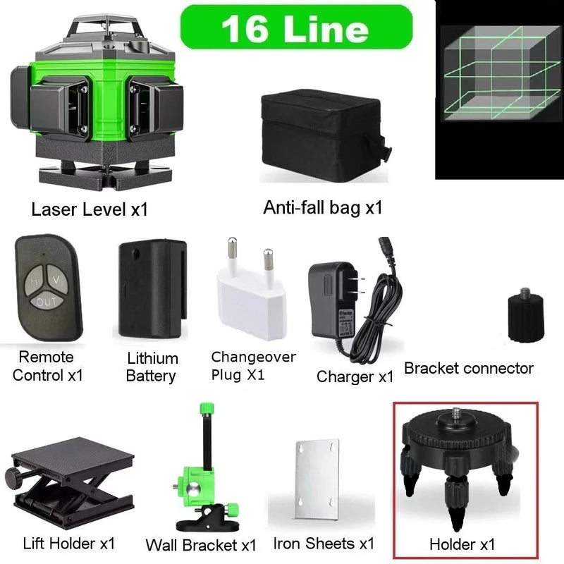 Nível de Laser de Feixe Verde 16 Linhas 360° – Alta Precisão para Construção e DIY