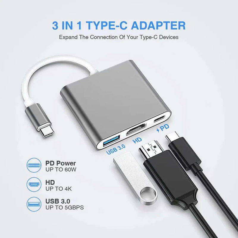 Adaptador Tipo C 3 em 1 para HDMI + USB C + USB 3.0 – Conecte Seus Dispositivos com Facilidade
