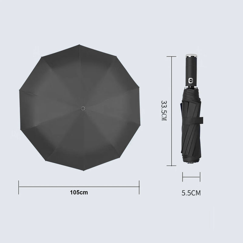 Guarda-Chuva Dobrável Automático com 10 Varetas e Luz LED – Proteção Contra Chuva, Vento e Sol