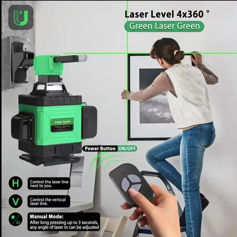 Nível de Laser de Feixe Verde 16 Linhas 360° – Alta Precisão para Construção e DIY