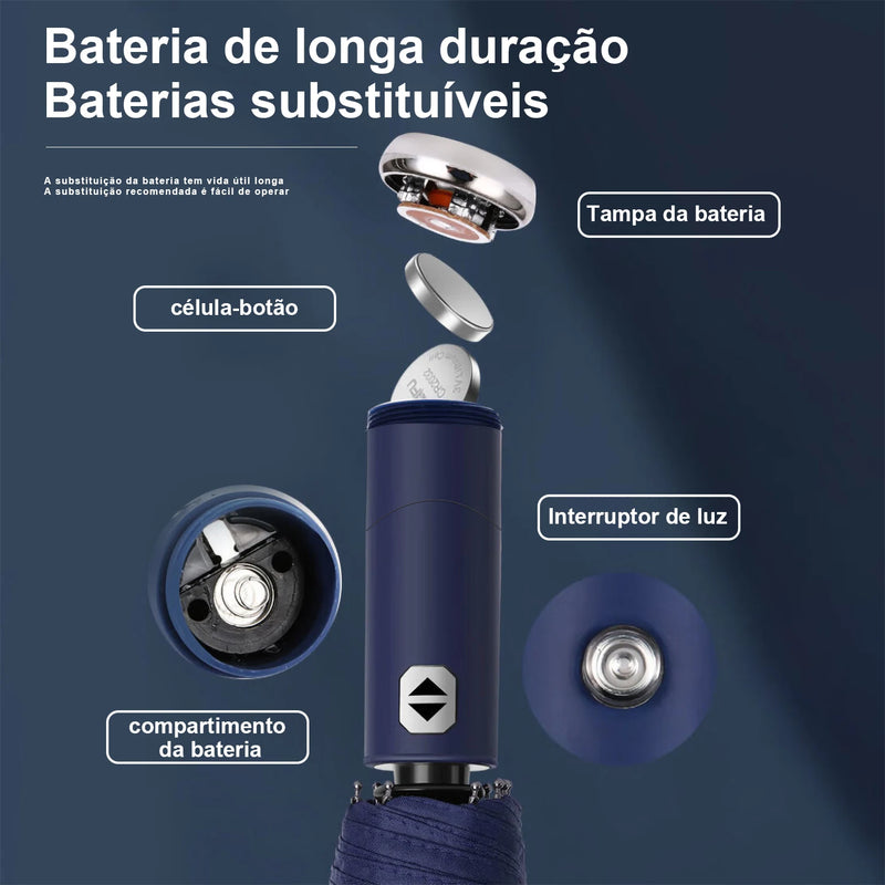 Guarda-Chuva Dobrável Automático com 10 Varetas e Luz LED – Proteção Contra Chuva, Vento e Sol