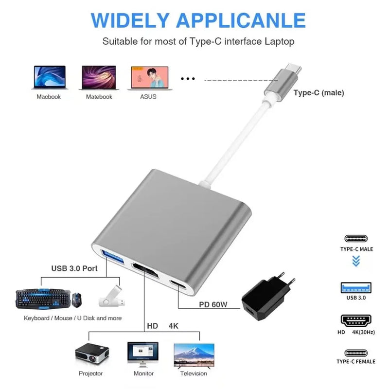 Adaptador Tipo C 3 em 1 para HDMI + USB C + USB 3.0 – Conecte Seus Dispositivos com Facilidade
