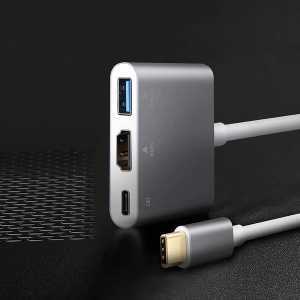 Adaptador Tipo C 3 em 1 para HDMI + USB C + USB 3.0 – Conecte Seus Dispositivos com Facilidade