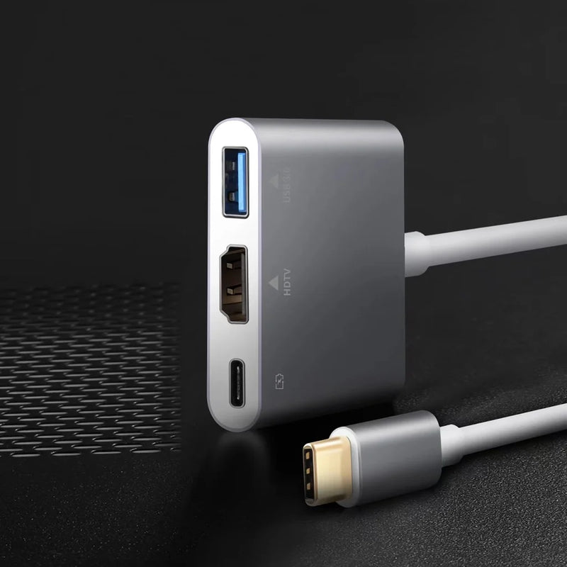 Adaptador Tipo C 3 em 1 para HDMI + USB C + USB 3.0 – Conecte Seus Dispositivos com Facilidade