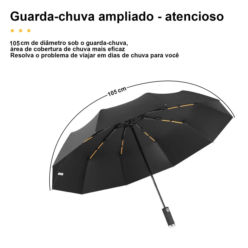 Guarda-Chuva Dobrável Automático com 10 Varetas e Luz LED – Proteção Contra Chuva, Vento e Sol