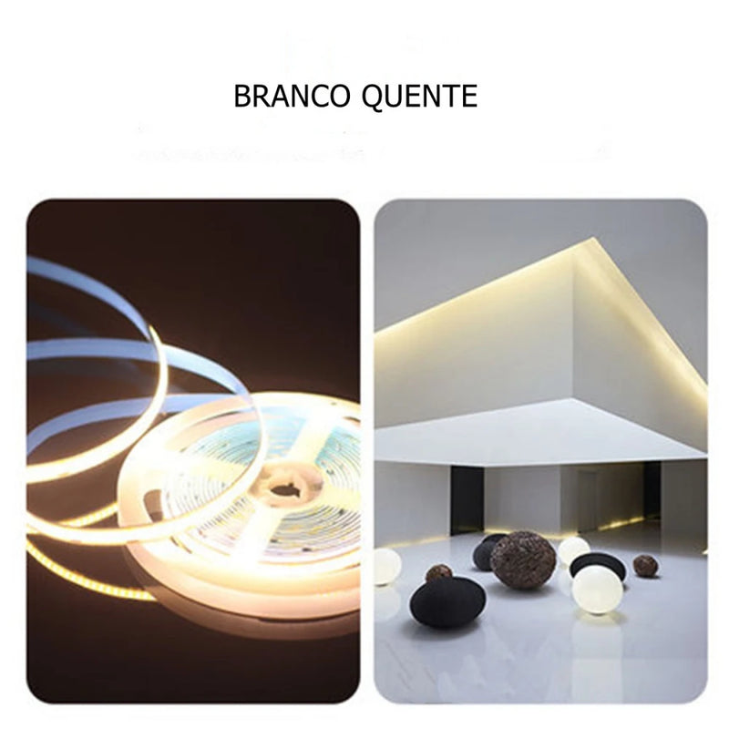 Fita LED COB 480 Leds/m 12V 5m – Branco Quente 3000K com Alto Brilho e IRC 80
