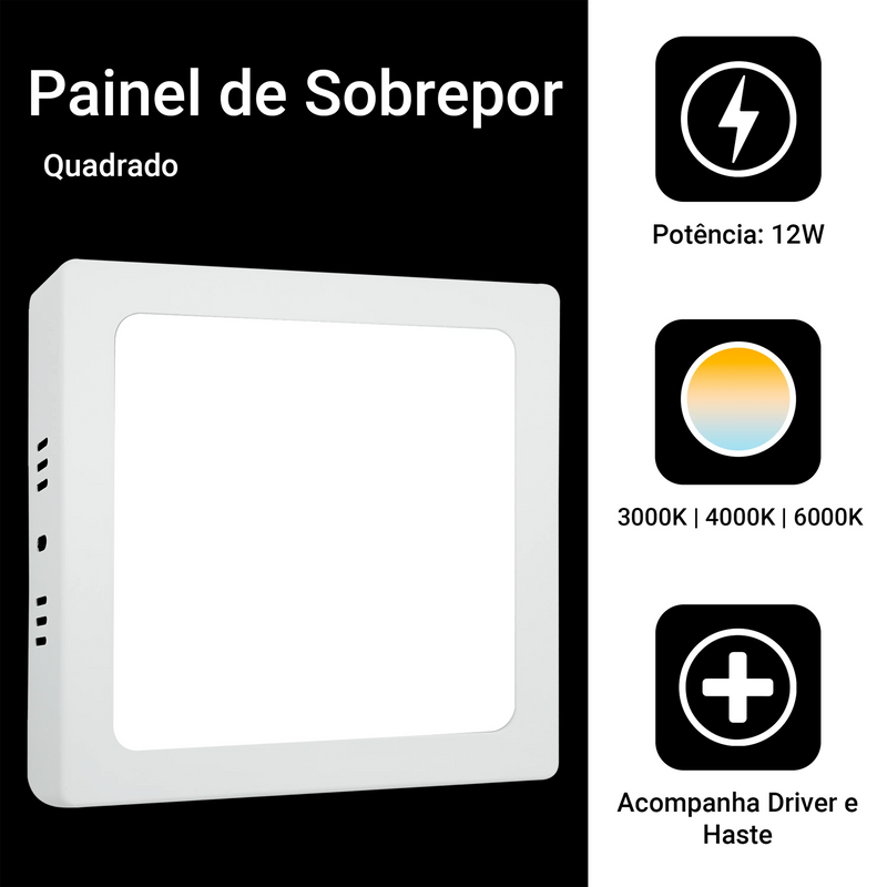 Painel de Teto LED 12W Sobrepor Quadrado – Iluminação Prática, Moderna e Sofisticada