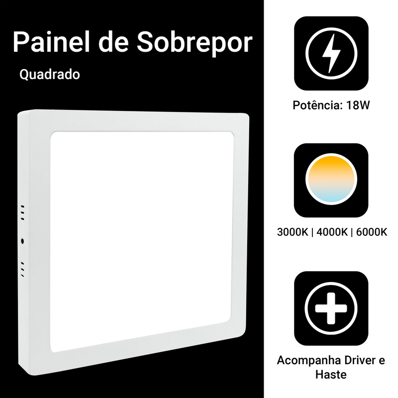 Kit com 3 Painéis LED 18W Sobrepor Quadrado – Luz Quente e Elegância em Três Pontos