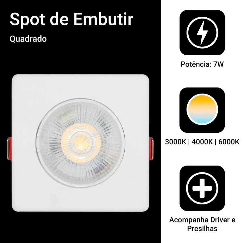 Kit 10 Spots LED 7W Quadrado Direcionável – Iluminação Focal com Estilo e Eficiência