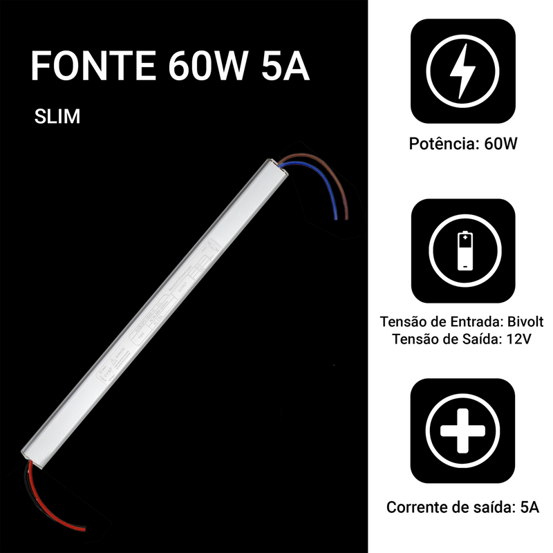 Kit 10 Drivers Slim Source para Fita LED 12V 5A 60W - Conexão de Alta Eficiência