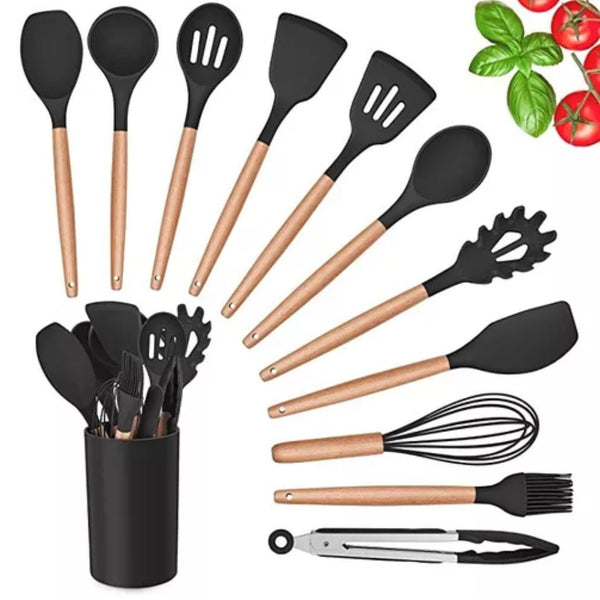 Conjunto Profissional de Utensílios de Cozinha com 12 Peças Antiaderente Preto – Silicone e Cabo em Madeira