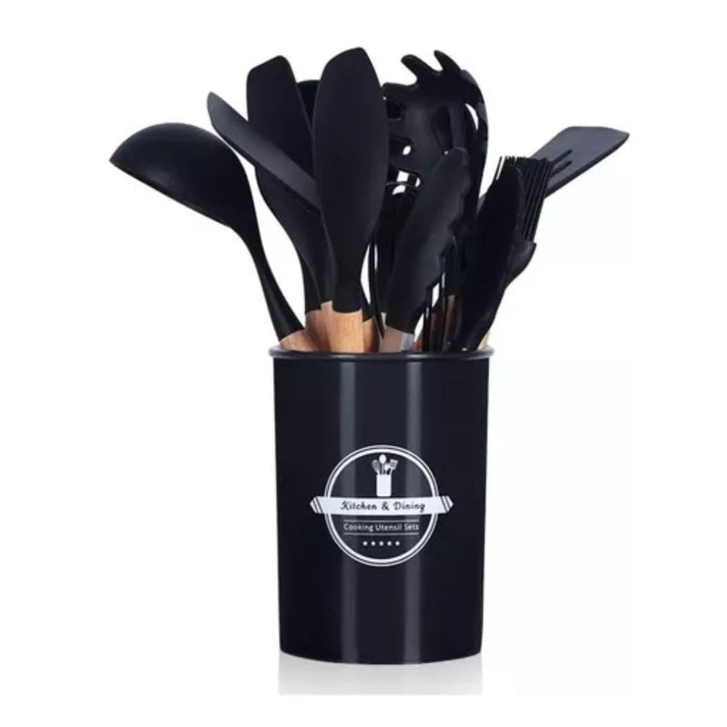 Conjunto Profissional de Utensílios de Cozinha com 12 Peças Antiaderente Preto – Silicone e Cabo em Madeira