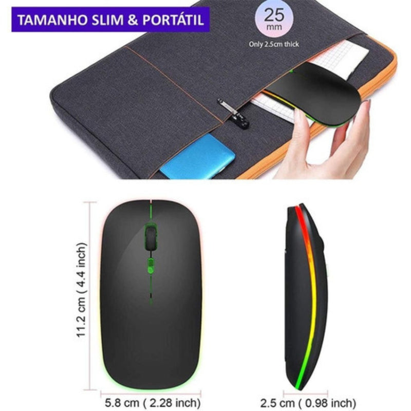 Mouse Sem Fio Bluetooth Recarregável com LED Preto – Liberdade, Estilo e Precisão
