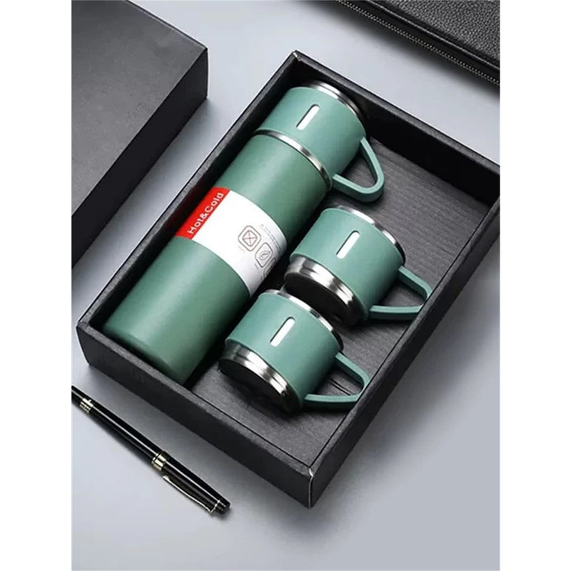 Kit Garrafa Térmica 500ML + 3 Xícaras em Aço Inoxidável - Verde | Estilo, Durabilidade e Conservação