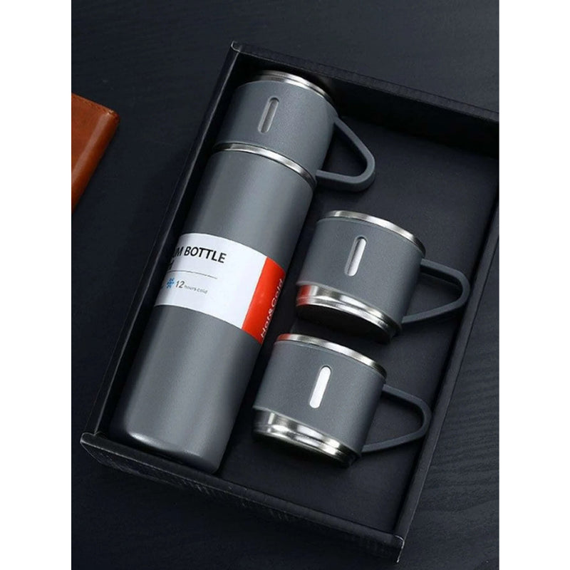 Kit Garrafa Térmica 500ML + 3 Xícaras em Aço Inoxidável - Cinza | Estilo, Durabilidade e Conservação