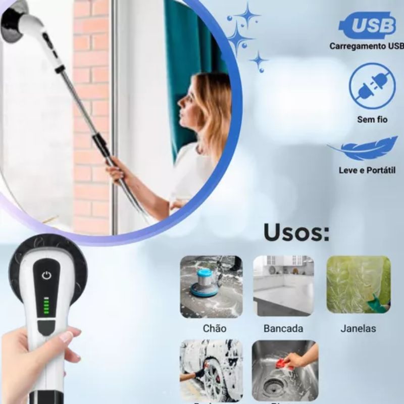 Escova de Limpeza Elétrica Rotativa 9 em 1 – Multiuso, Recarregável e com Cabo Extensível