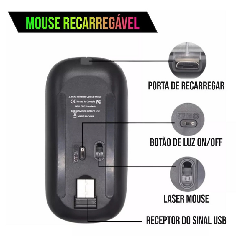 Mouse Sem Fio Bluetooth Recarregável com LED Branco – Liberdade, Estilo e Precisão