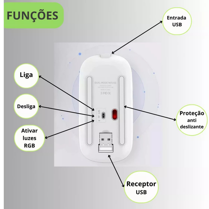 Mouse Sem Fio Bluetooth Recarregável com LED Branco – Liberdade, Estilo e Precisão