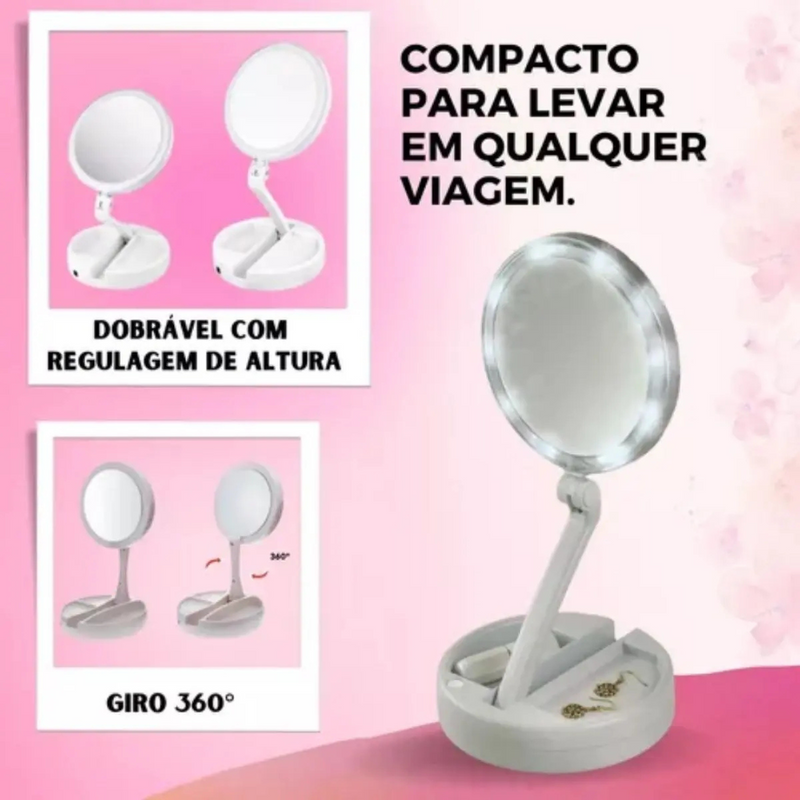 Espelho de Mesa LED Dobrável com Ampliação 10x – Beleza, Iluminação e Praticidade no Seu Ritual Diário