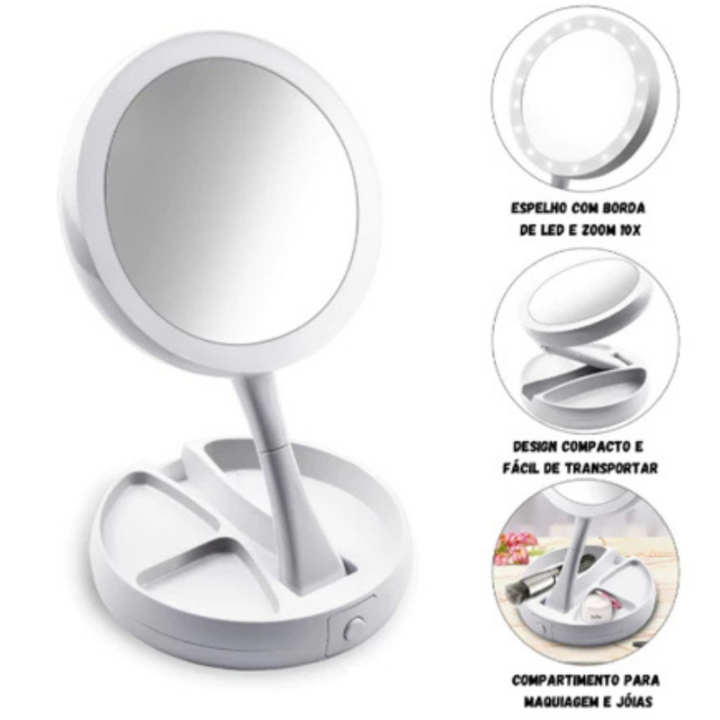 Espelho de Mesa LED Dobrável com Ampliação 10x – Beleza, Iluminação e Praticidade no Seu Ritual Diário