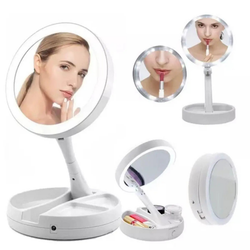 Espelho de Mesa LED Dobrável com Ampliação 10x – Beleza, Iluminação e Praticidade no Seu Ritual Diário