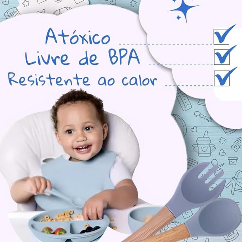 Kit Introdução Alimentar Bebê 8 Peças – Silicone Premium Roxo Claro | Segurança, Praticidade e Muito Estilo na Primeira Refeição