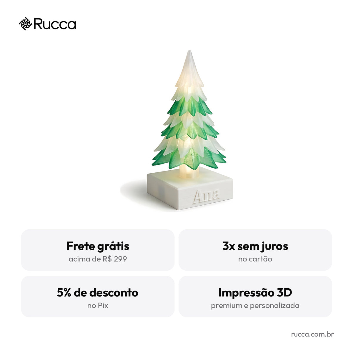 Árvore de Natal Personalizada com Nome e Luz LED — Rucca 3D