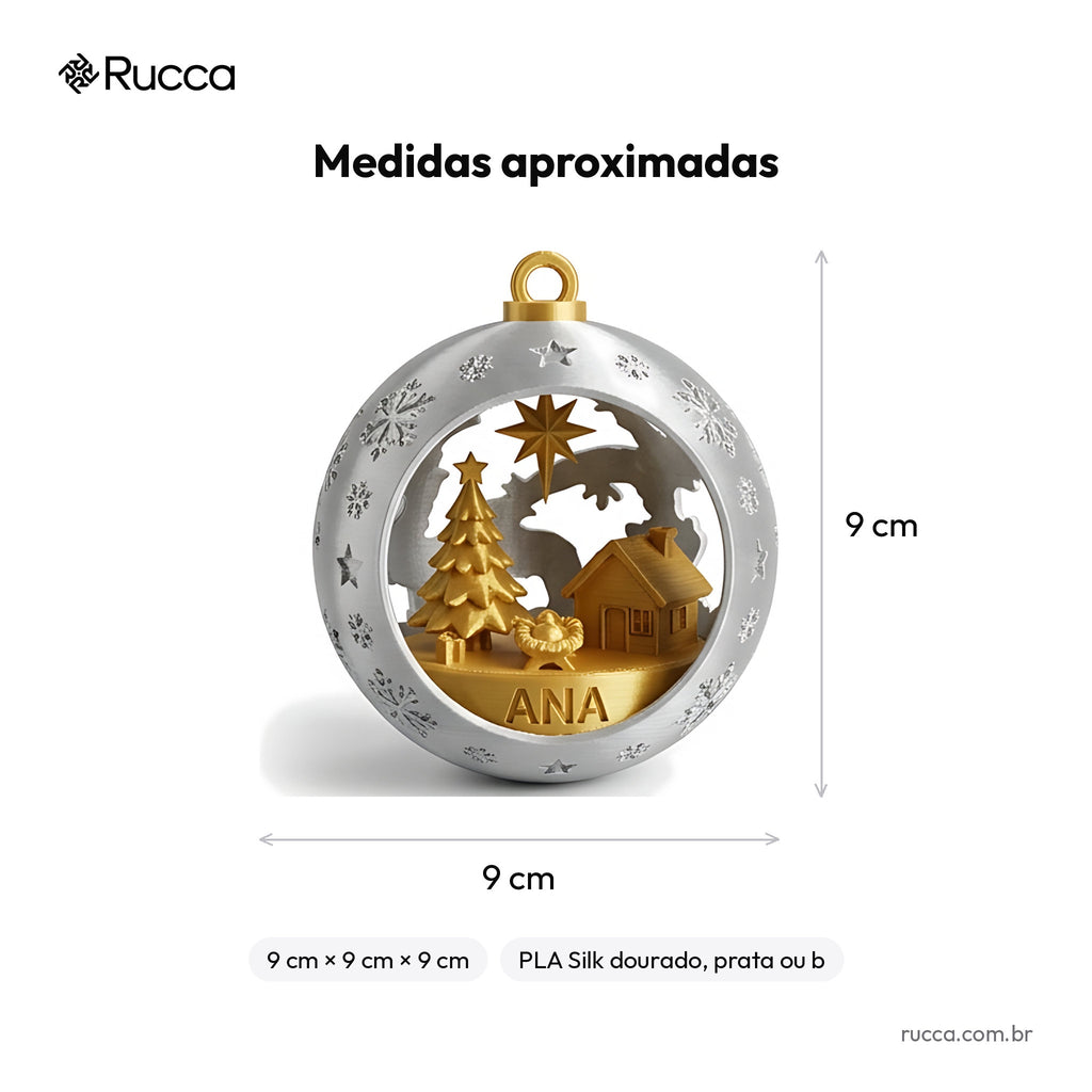 Bola de Natal Vazada com Cena Natalina — Rucca 3D