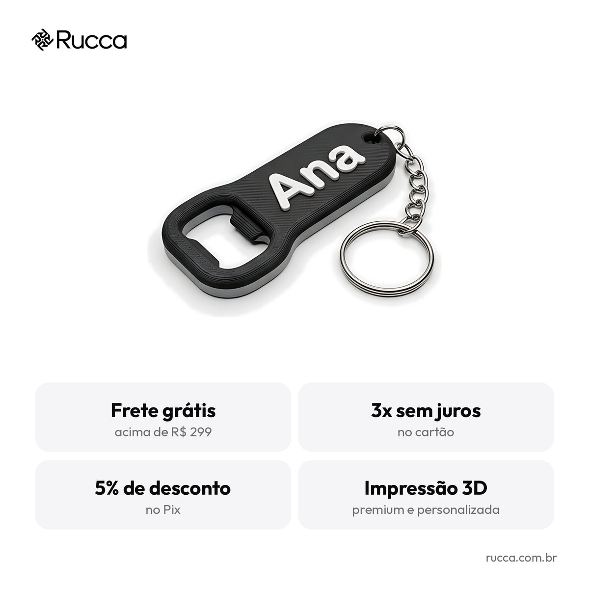 Chaveiro abridor de garrafa com nome — Rucca 3D