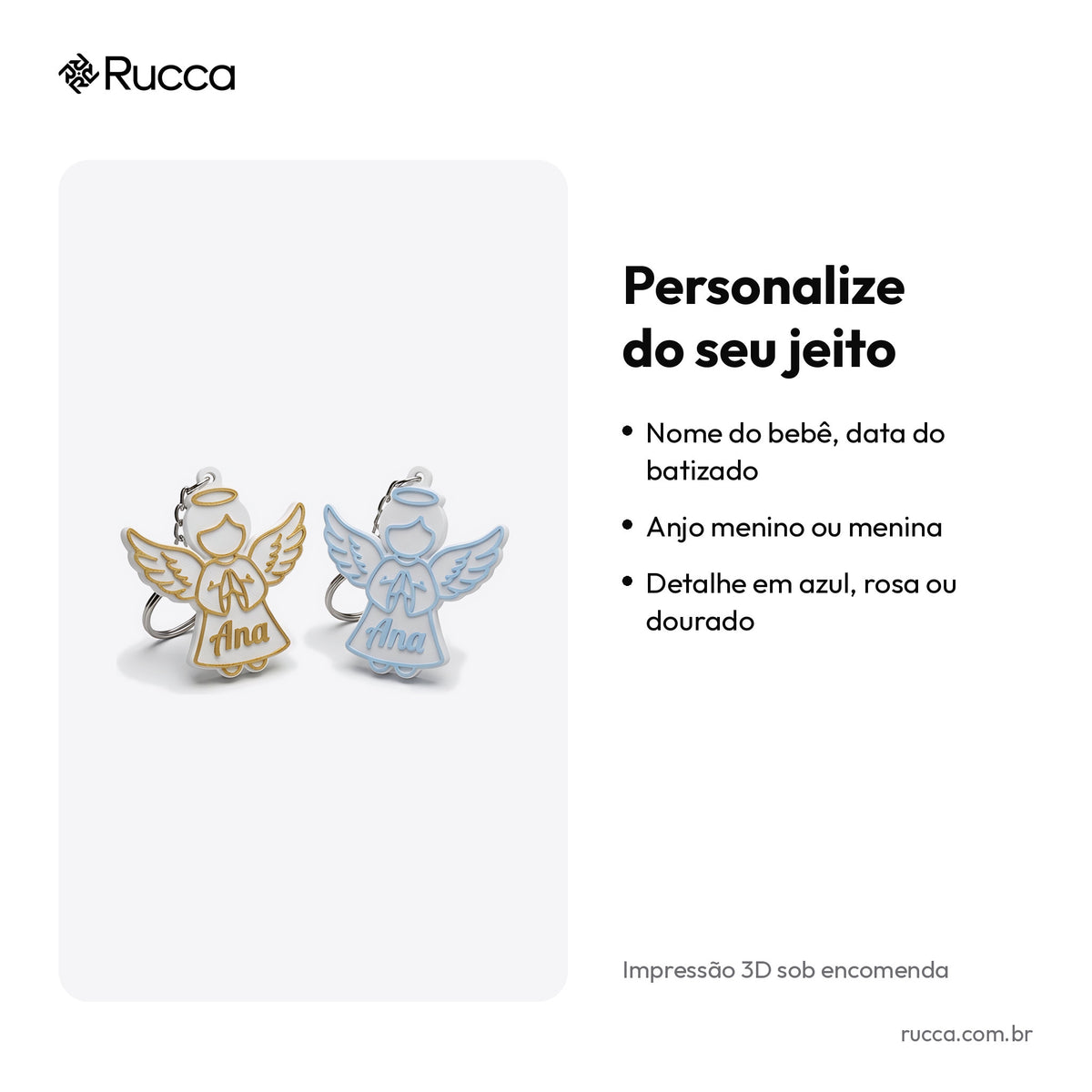 Chaveiro anjinho de batizado com nome — Rucca 3D