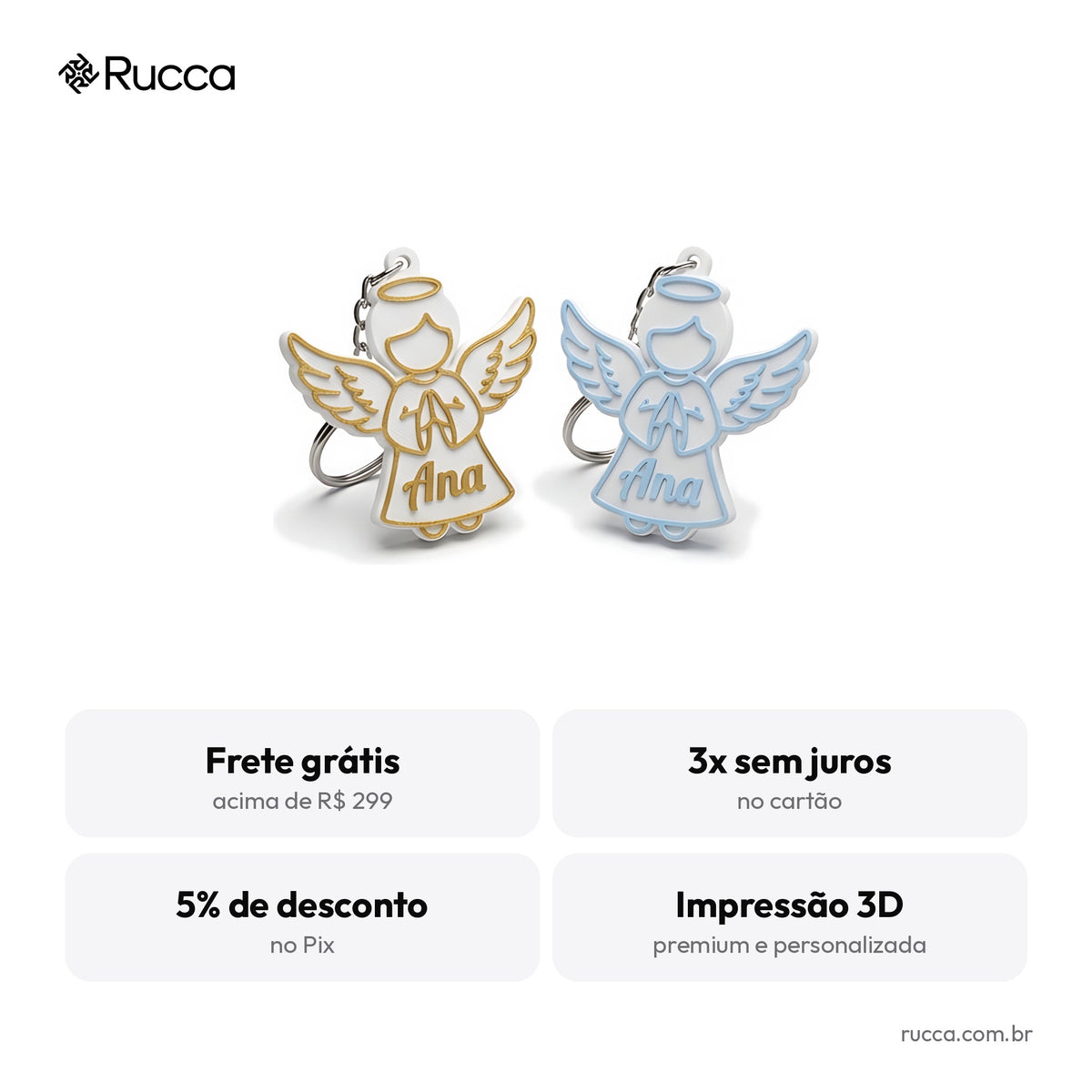Chaveiro anjinho de batizado com nome — Rucca 3D