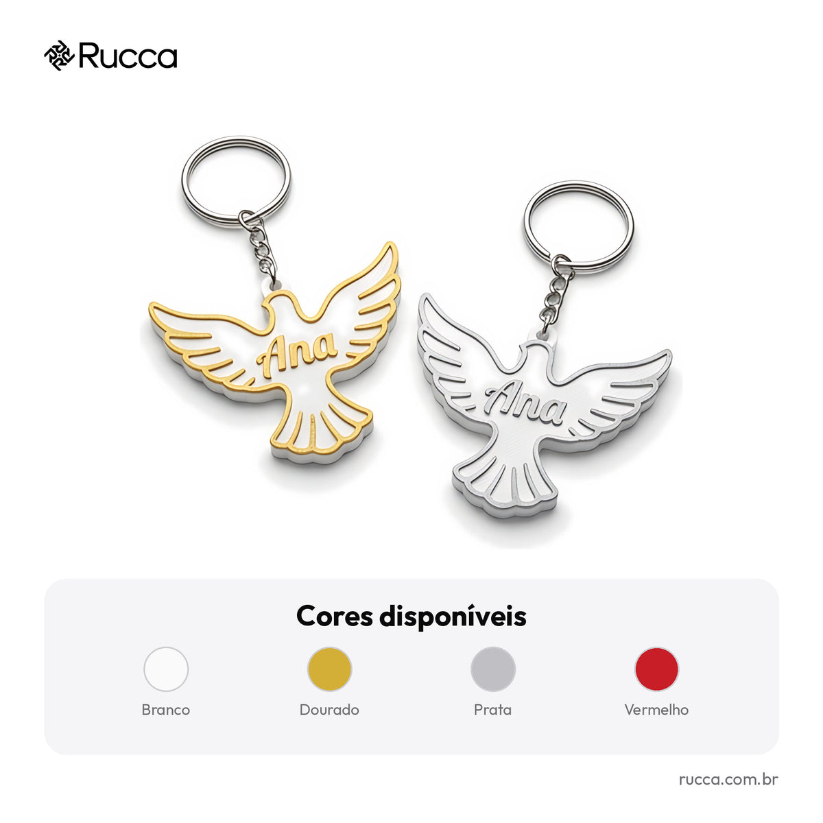 Chaveiro religioso com nome: pomba do Espírito Santo ou cálice — Rucca 3D