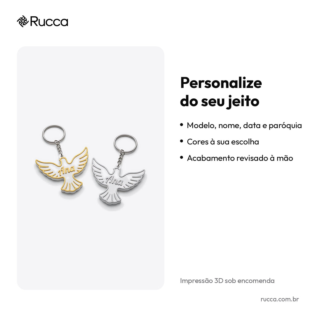 Chaveiro religioso com nome: pomba do Espírito Santo ou cálice — Rucca 3D
