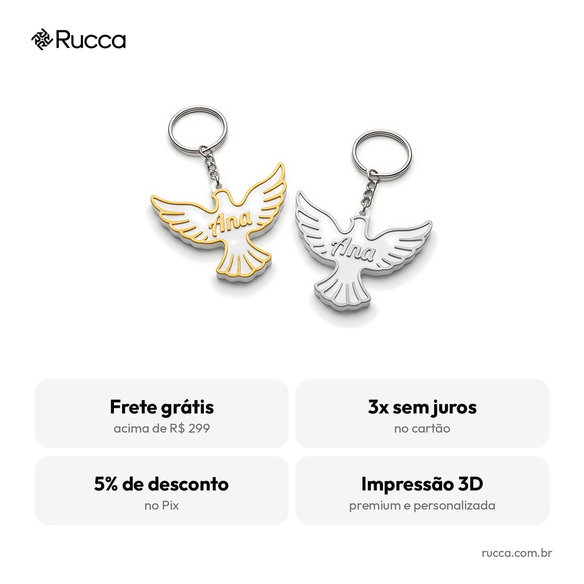 Chaveiro religioso com nome: pomba do Espírito Santo ou cálice — Rucca 3D