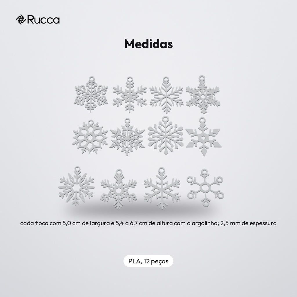Conjunto 12 Flocos de Neve Diferentes para Árvore: medidas