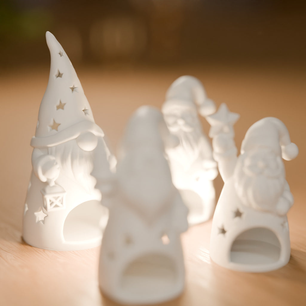 Conjunto 4 Luminárias de Natal Papai Noel e Gnomo para Vela LED, detalhe