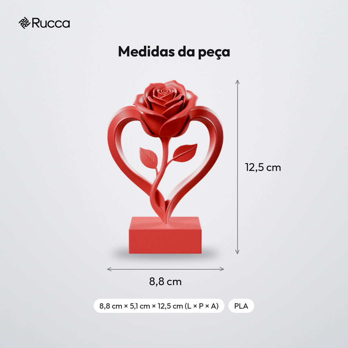 Coração com Rosa Eterna Decorativo: medidas
