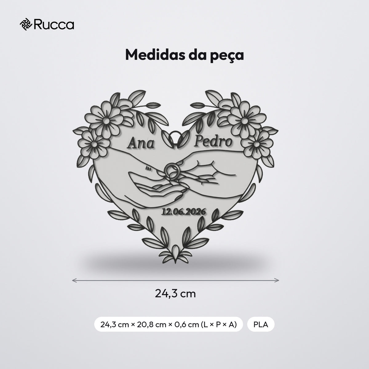 Coração de Noivado com Nomes e Data: medidas
