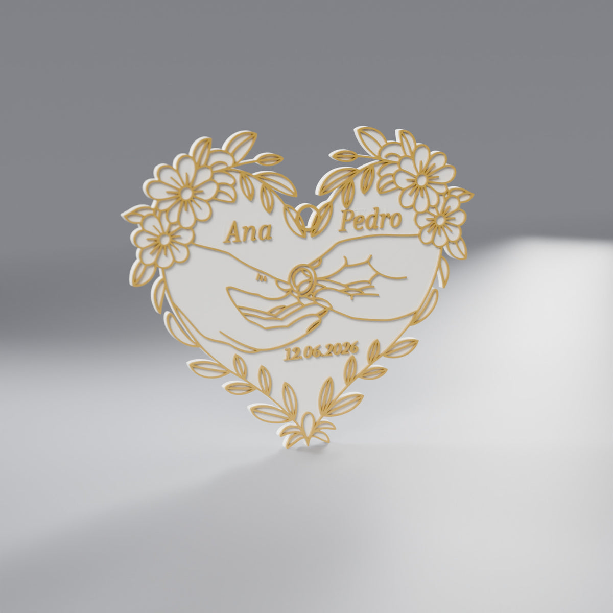 Coração de Noivado com Nomes e Data, Branco com desenho Dourado