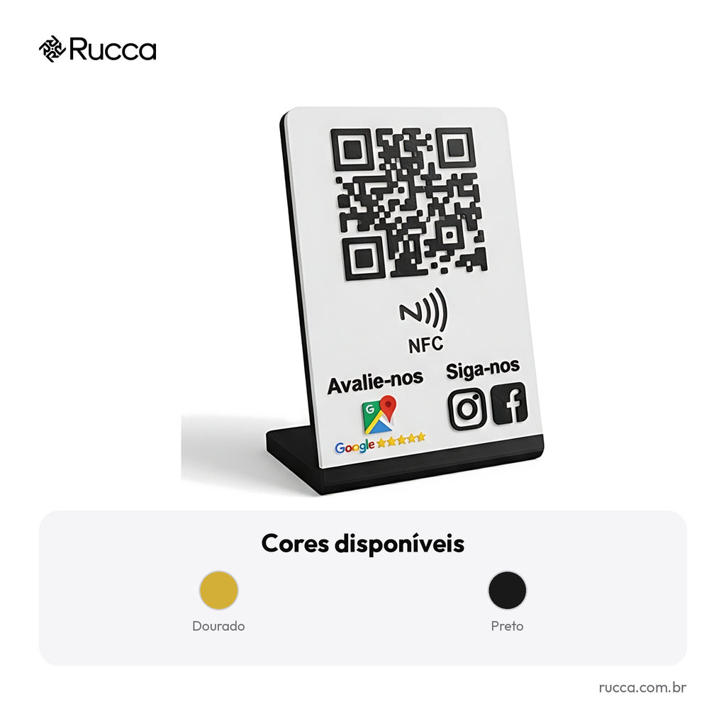 Display de Avaliação e Redes Sociais com QR Code e NFC — Rucca 3D
