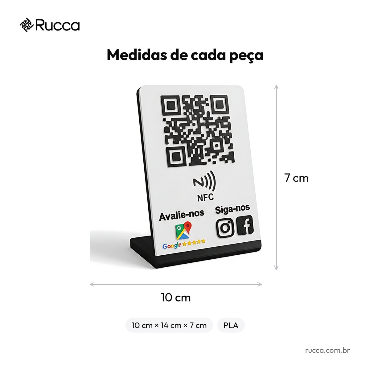 Display de Avaliação e Redes Sociais com QR Code e NFC — Rucca 3D