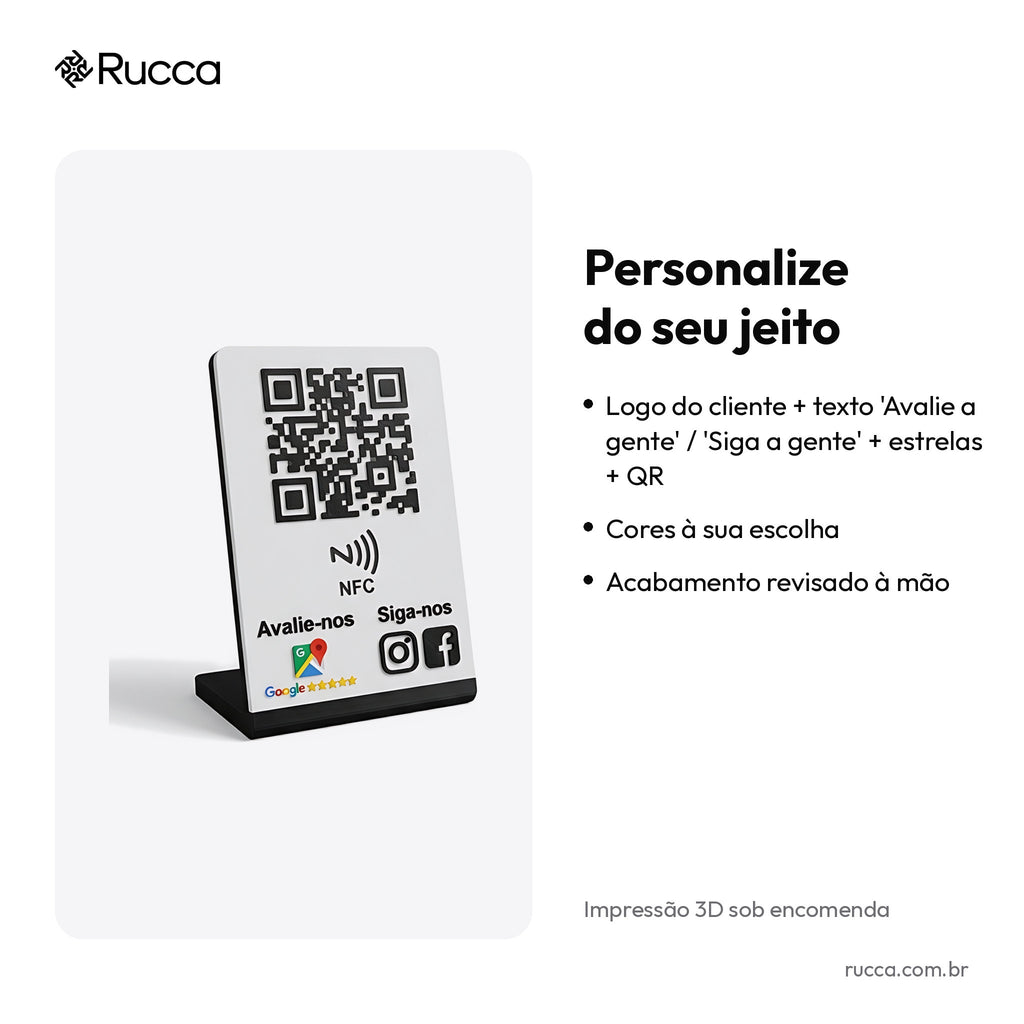 Display de Avaliação e Redes Sociais com QR Code e NFC — Rucca 3D