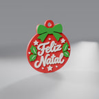 Enfeite de Natal Medalhão Feliz Natal para Árvore ou Chaveiro, Vermelho Coração com laço Verde e letras Brancas