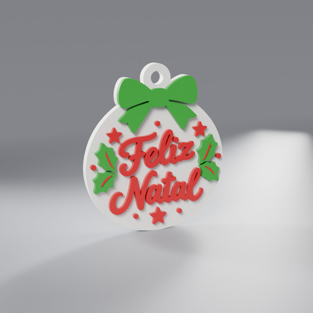 Enfeite de Natal Medalhão Feliz Natal para Árvore ou Chaveiro, Branco com laço Verde e letras Vermelhas