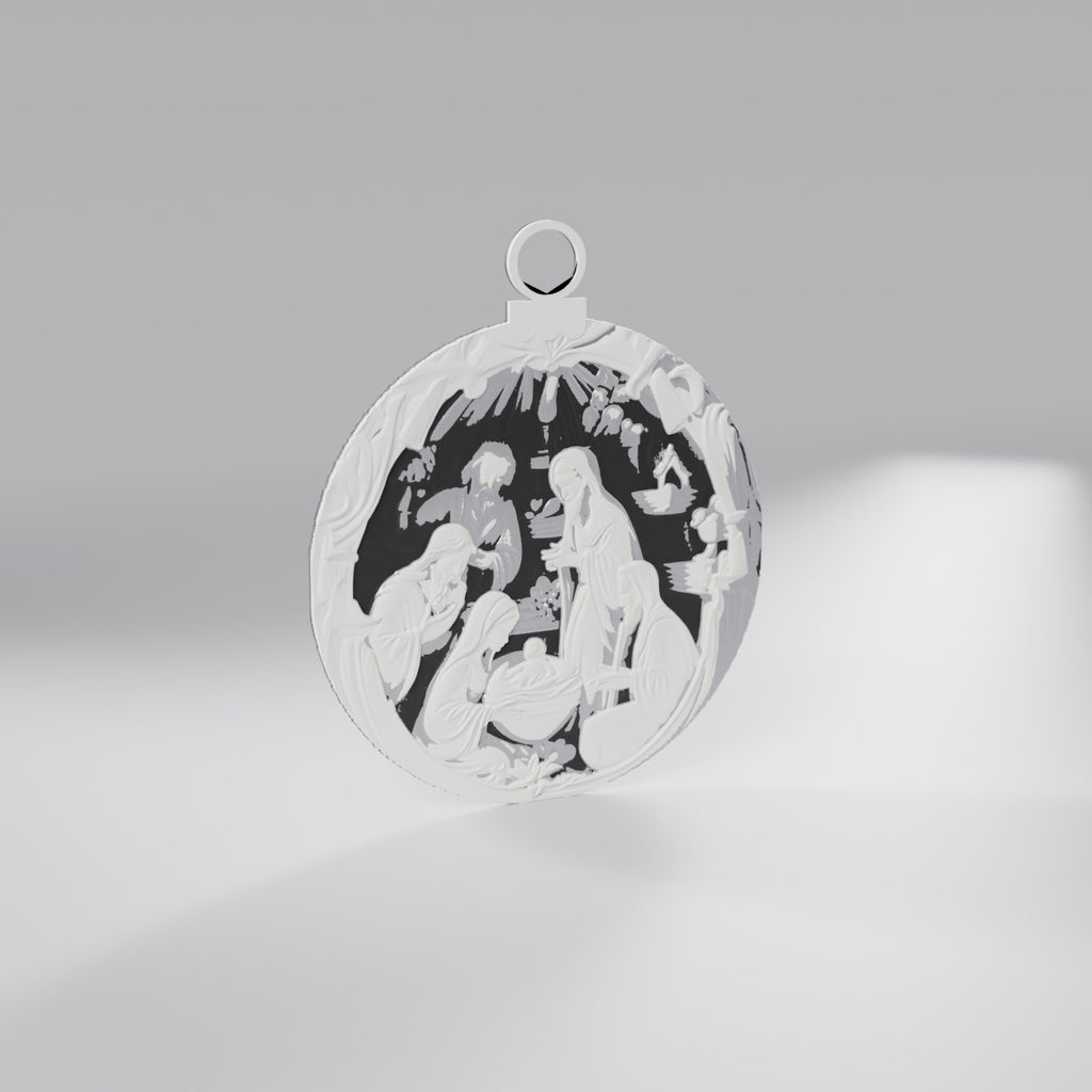 Enfeite de Natal Medalhão Presépio em Relevo, Preto, Prata e Branco