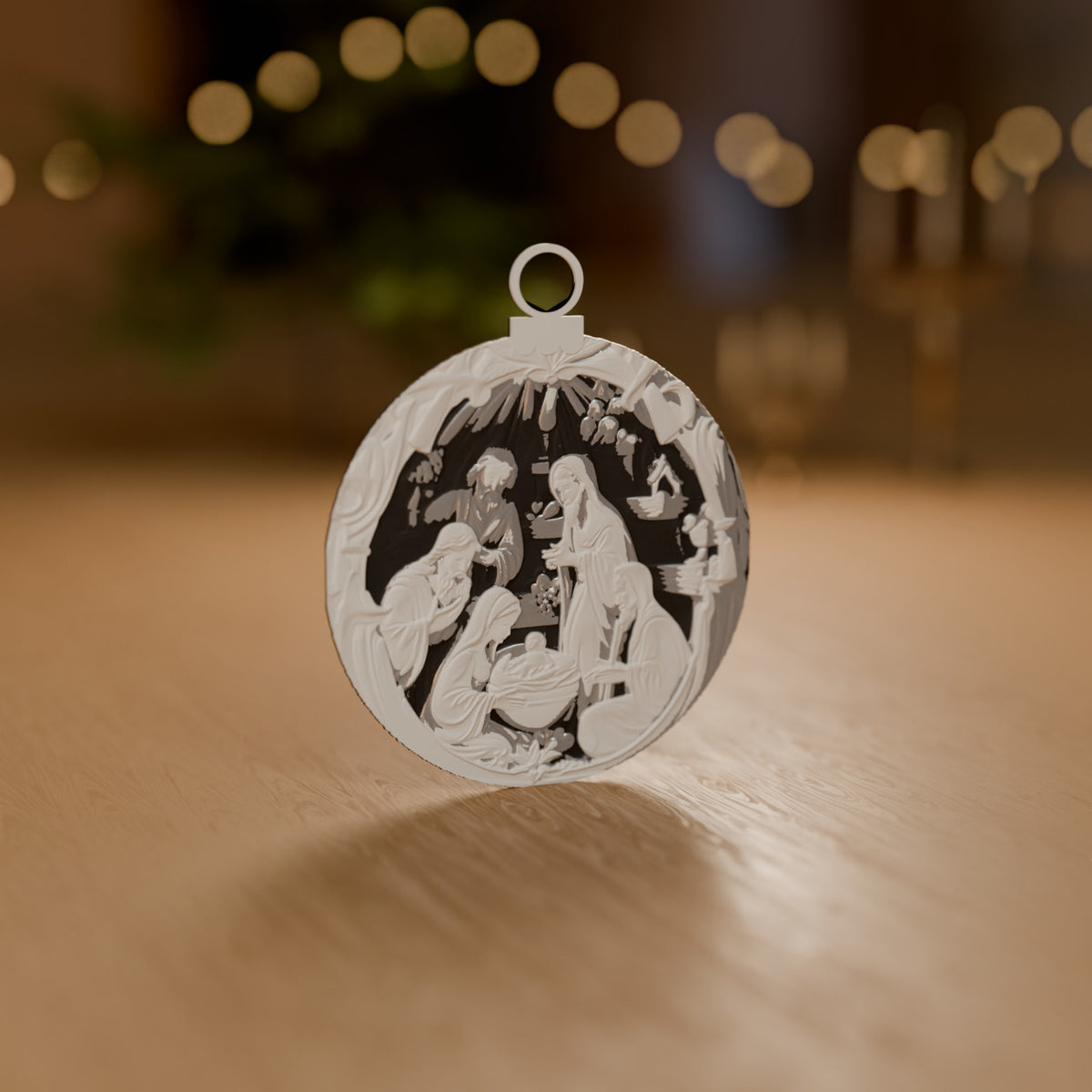Enfeite de Natal Medalhão Presépio em Relevo decorando o ambiente
