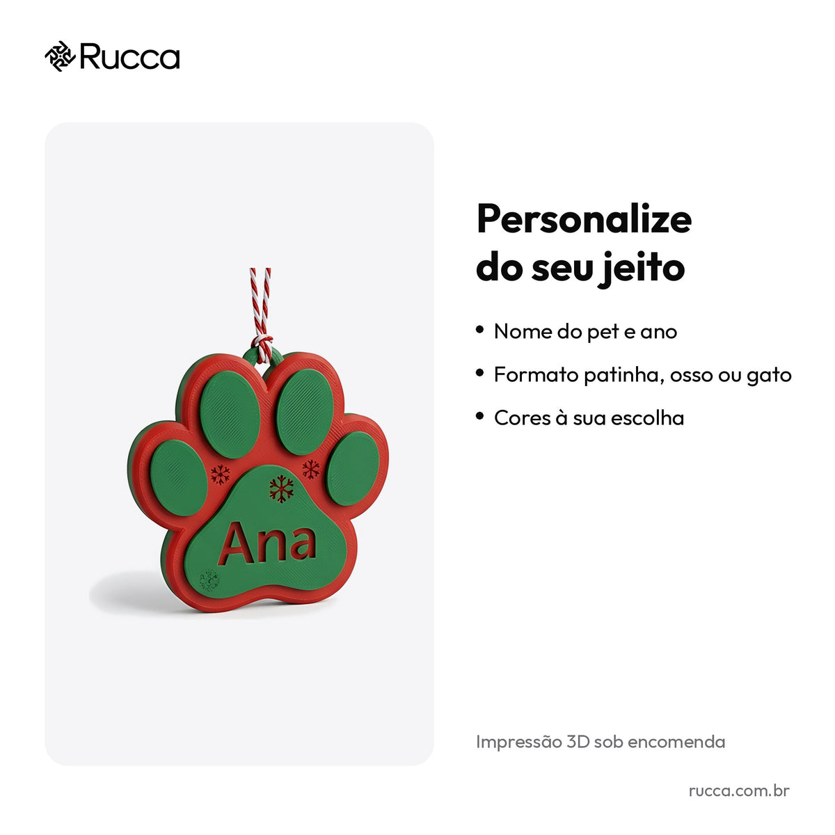 Enfeite de Natal Pet com Nome (Patinha ou Osso) — Rucca 3D