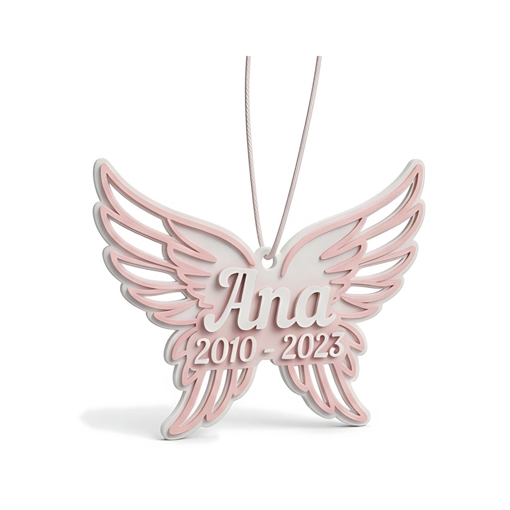 Enfeite memorial do pet com asas de anjo, nome e datas — Rucca 3D