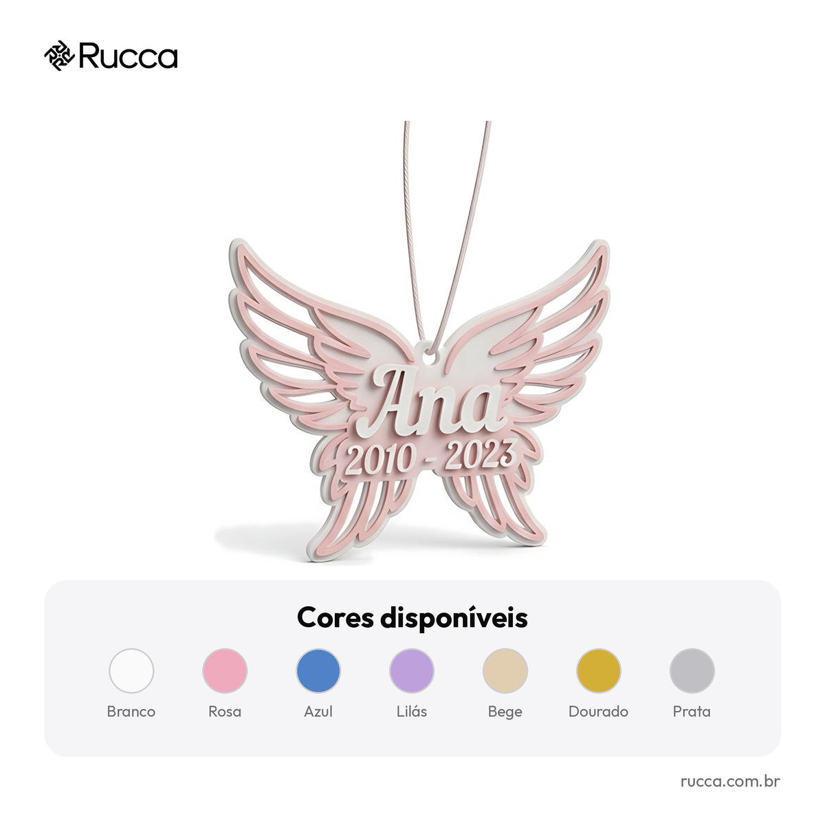 Enfeite memorial do pet com asas de anjo, nome e datas — Rucca 3D
