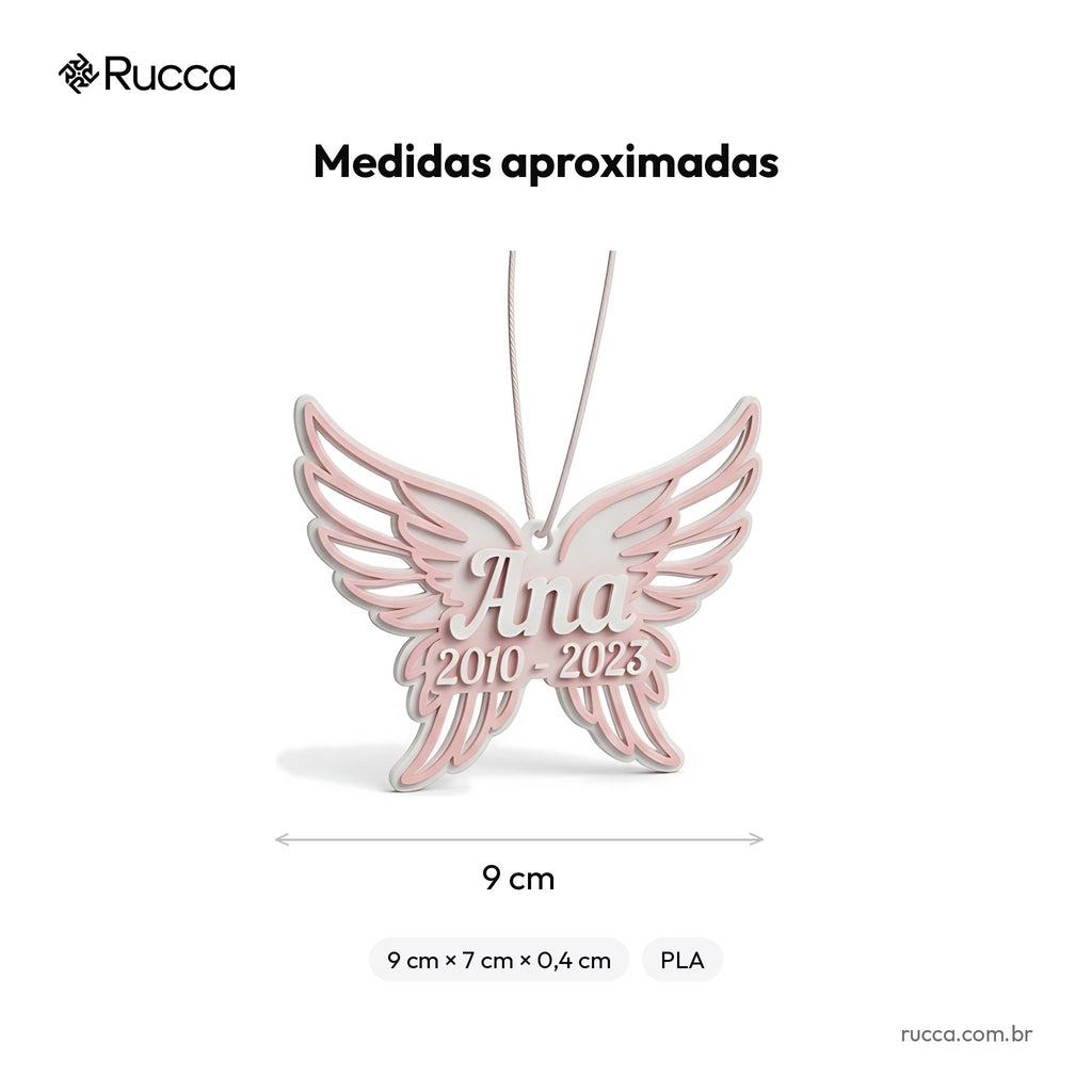 Enfeite memorial do pet com asas de anjo, nome e datas — Rucca 3D